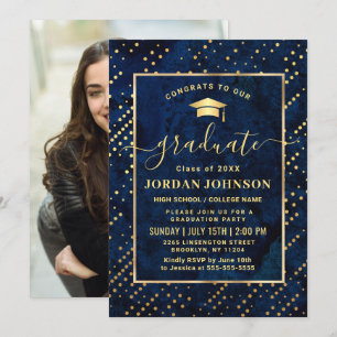 Moderne FOTO Golden Blue Marble Graduation Party Einladung