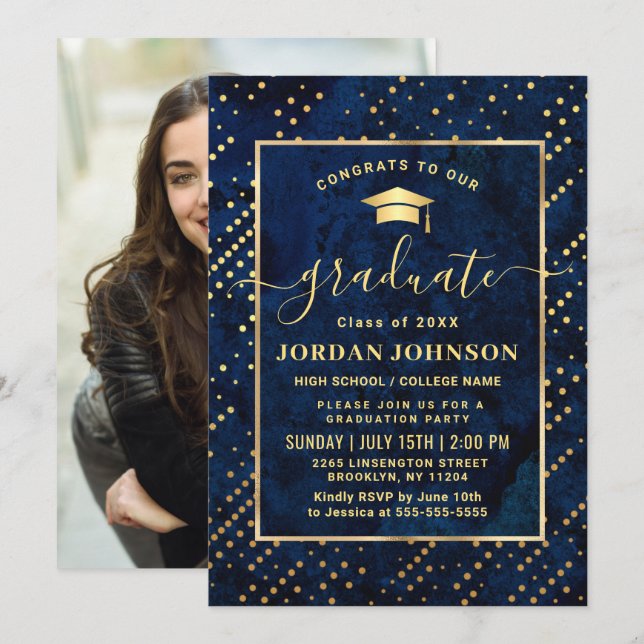 Moderne FOTO Golden Blue Marble Graduation Party Einladung (Vorne/Hinten)