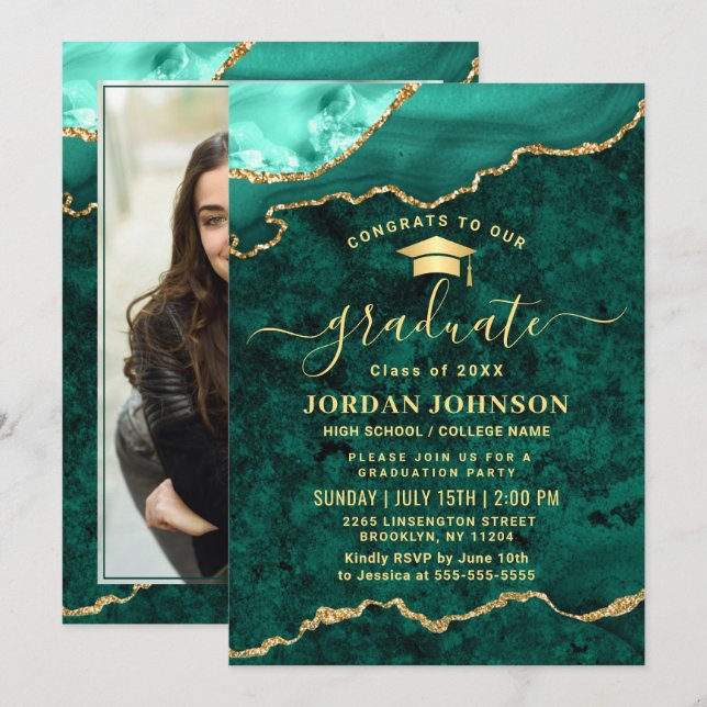 Moderne Foto Golden Green Marble Graduation Party Einladung (Vorne/Hinten)