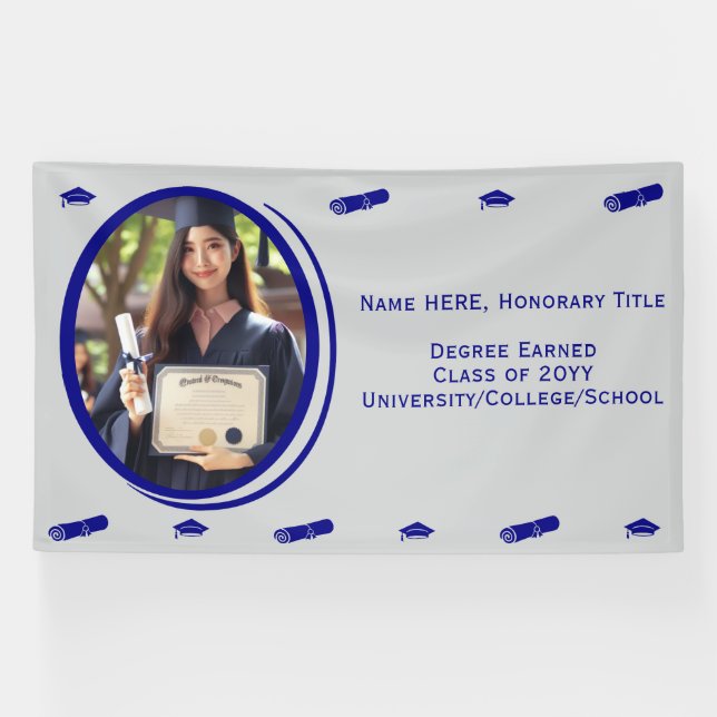 Moderne Foto Graduation Cap, Diploma Blue Template Banner (Horizontal)