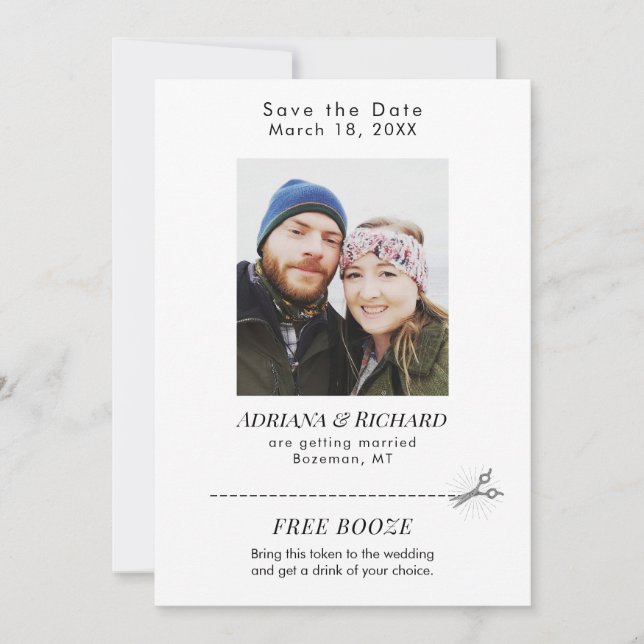 Moderne Foto Gratis Booze Coupon Wedding Save The Date (Vorderseite)