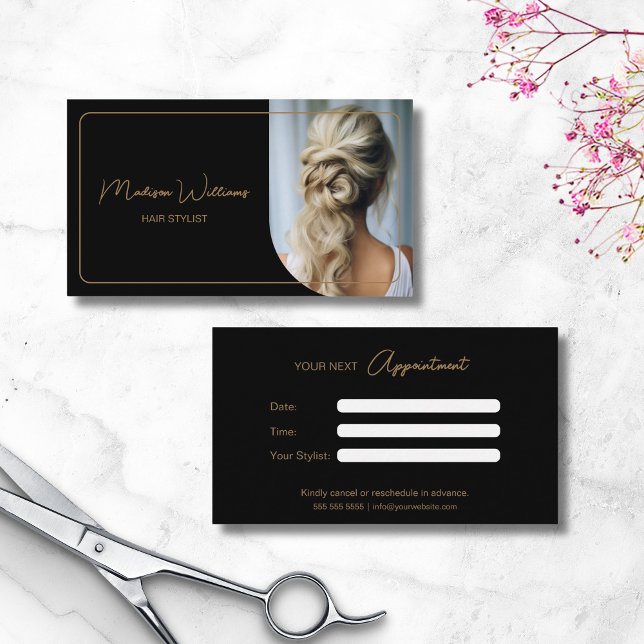Moderne Foto-Haartrappe Schwarz und Gold Terminkarte (Modern Custom Photo Hair Stylist Black and Gold Appointment Card)