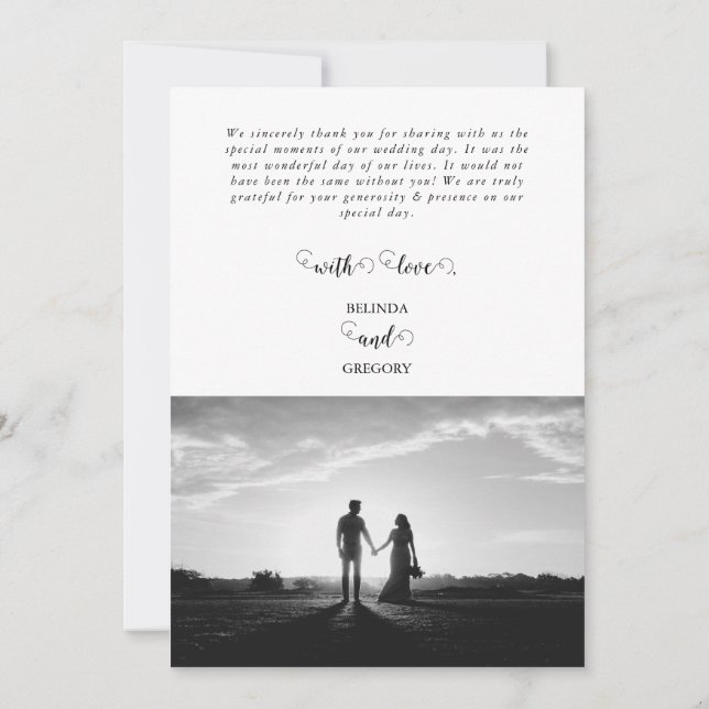 Moderne Foto-Hochzeit in Weiß und Schwarz Dankeskarte (Rückseite)