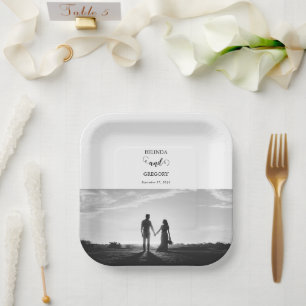 Moderne Foto-Hochzeit in Weiß und Schwarz Pappteller