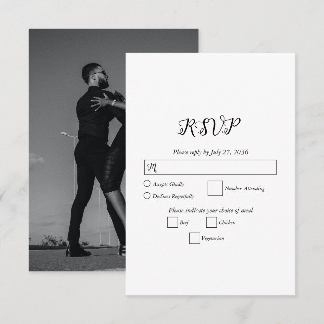 Moderne Foto-Hochzeit in Weiß und Schwarz RSVP Karte (Vorne/Hinten)