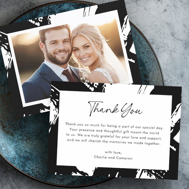 Moderne Foto Hochzeit mit schwarzen, unordentliche Dankeskarte (Modern black messy brushstrokes photo wedding thank you card)