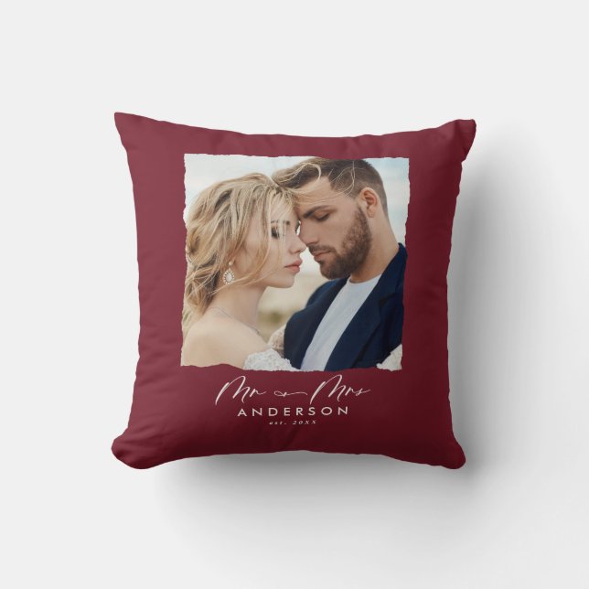 Moderne Foto Hochzeit personalisiert Mr. and Mrs. Kissen (Vorderseite)