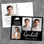 Moderne Foto-Klasse der Black Graduation Party 202 Einladungspostkarte<br><div class="desc">Moderne schwarze Klasse von 2025 Abschlussfeier Einladung Postcard mit 3 Fotos,  "Graduate" in einer zeitgenössischen fett weiß Drehbuch und den Namen,  Klasse Jahr und High School oder Uni in schlicht weiß Typografie. Fügen Sie auf der Rückseite ein zusätzliches Foto und die Einzelheiten zum Party hinzu.</div>