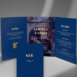 Moderne Foto Marine und Gold uAwg Details Hochzeit Dreifach Gefaltete Einladung<br><div class="desc">Elegantes Retro-Typografie-transparentes Foto-Overlay-Budget erschwinglich alle in einem dreiteiligen trendigen dunkelmarineblauen Hochzeitseinladung mit Online-UAWG und Gästedaten inklusive.              Einfach mit Ihrer Info und einem oder zwei Verlobungen Foto auf beiden Seiten personalisieren.            Die Einladung eignet sich für alle Jahreszeiten - Frühjahr,  Sommer,  Herbst oder Winterhochzeiten.</div>