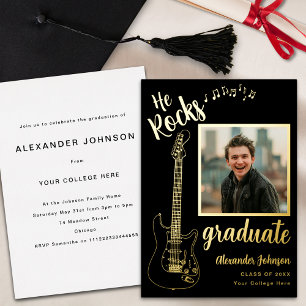 Moderne Foto Music Graduation Party Black and Gold Folieneinladung