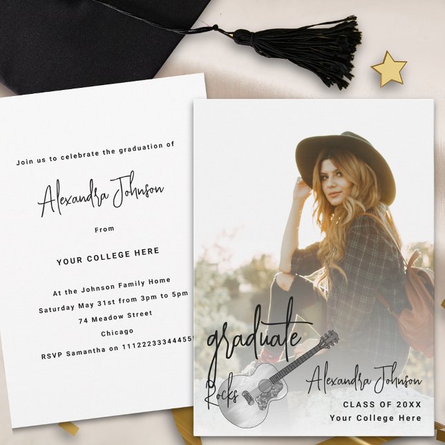 Moderne Foto Music Graduation Party Einladung (Modern trendy vertical photo Graduation announcement party invitation rustic country music guitar)