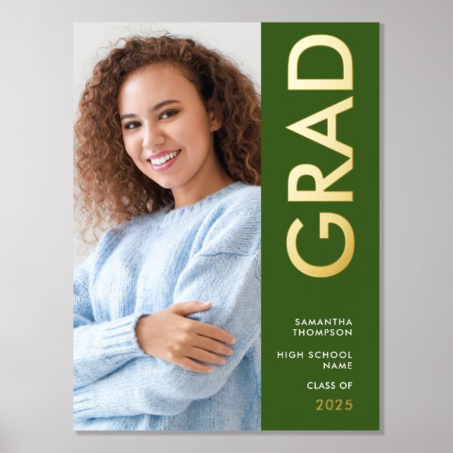 Moderne Foto Name Class of 2025 Abschluss Green Foliendrucke (Vorderseite)