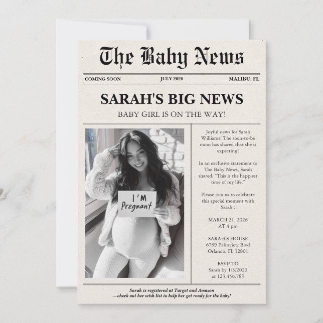Moderne Foto Newspaper Babydusche Einladung (Vorderseite)