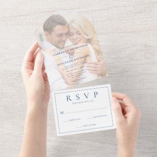 Moderne Foto-Overlay-Hochzeits-RSVP Blau All In One Einladung