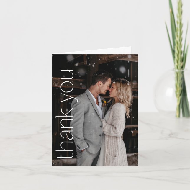 Moderne Foto-Overlay-Hochzeitsmeldung geklappt Dankeskarte (Vorderseite)