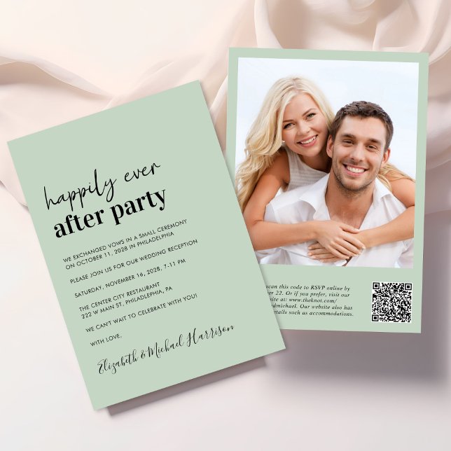 Moderne Foto QR Code Sage Wedding Reception Einladung (An elegant Happily Ever After Party Invitation to set the tone for an unforgettable event)