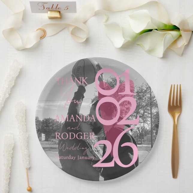 Moderne Foto-Rosa-Typografie Dankeskarten Pappteller (Hochzeit)