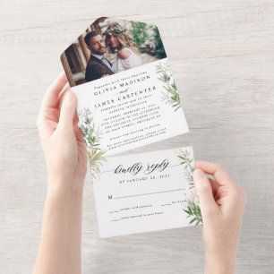 Moderne Foto-RSVP-Grünpflanzen Botanische Hochzeit All In One Einladung