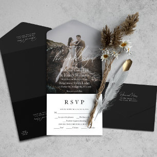Moderne Foto Schriftzug RSVP Menükarte Schwarze Ho All In One Einladung