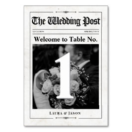 Moderne Foto Tischnummer Card Wedding Newspaper