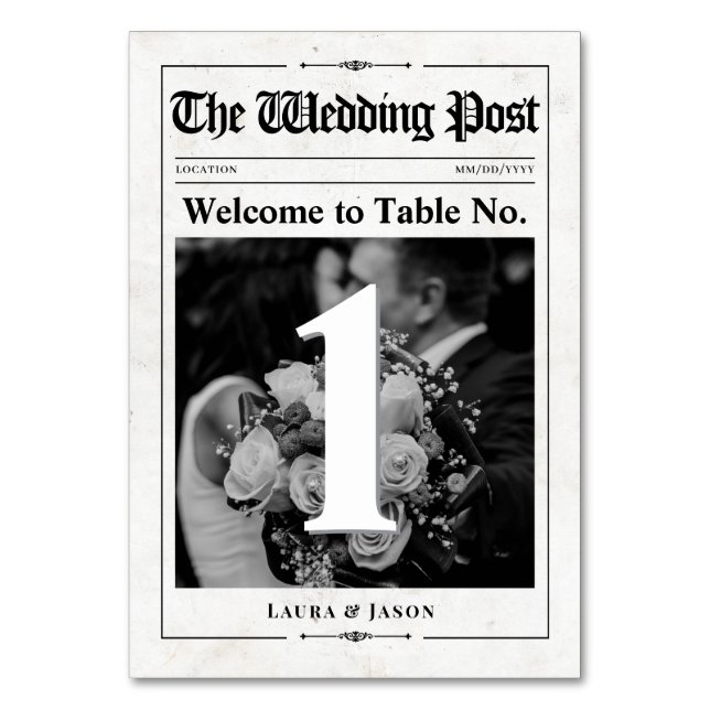 Moderne Foto Tischnummer Card Wedding Newspaper (Vorderseite)