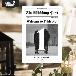 Moderne Foto Tischnummer Card Wedding Newspaper