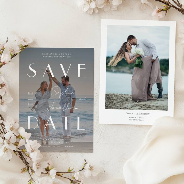 Moderne Foto Weißtext-Overlay Hochzeit Save The Date (Von Creator hochgeladen)