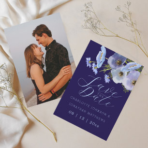 Moderne Foto-Wildblumen-Blumen Navyblaue Hochzeit Save The Date