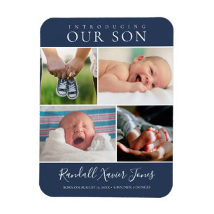 Moderne Fotocollage Baby Boy Ankündigung Blau Magnet