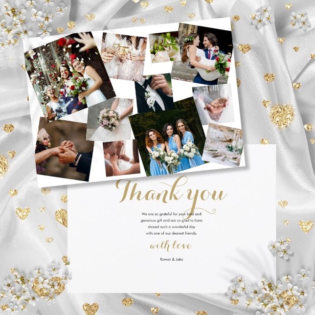 Moderne Fotocollage Dankeskarte (Modern Scattered Photo Collage Wedding Thank You Card)