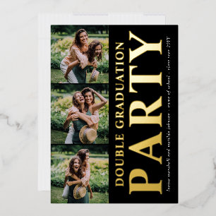 Moderne Fotocollage Double Graduation Party Gold Folieneinladung