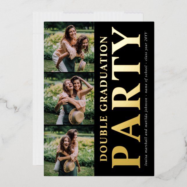 Moderne Fotocollage Double Graduation Party Gold Folieneinladung (Briefumschlag)