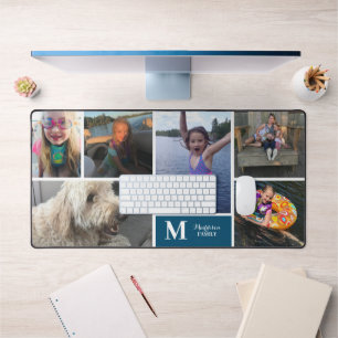 Moderne Fotocollage Familienname Monogramm Schreibtischunterlage