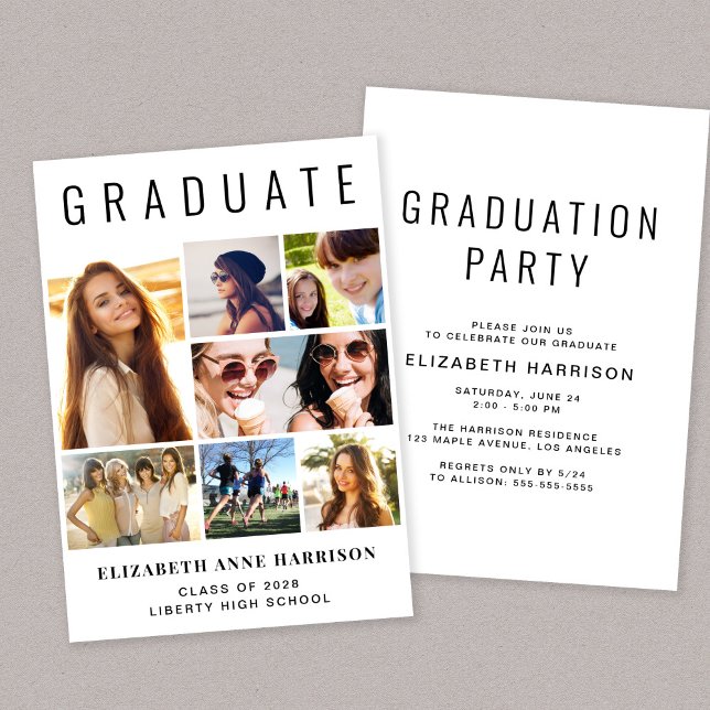 Moderne Fotocollage Graduation Party Einladung (A modern photo collage graduation party invitation to celebrate the graduate's achievements)