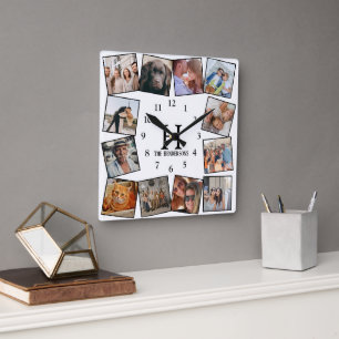 Moderne Fotocollage in individueller Farbe Erste Quadratische Wanduhr