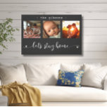 Moderne Fotocollage Lass uns Zuhause Bleibe werden Leinwanddruck<br><div class="desc">Diese atemberaubende Leinwand-Wandkunst zeigt eine wunderschöne dreidimensionale Collage aus Foto, in der hochgeschätzte Erinnerungen ausgestellt sind, die mit der herzlichen Botschaft "Lasst uns Zuhause Bleibe werden." geschmückt ist. Das elegante Schwarz-Weiß-Design, kombiniert mit exquisiter Schrift und Drucktypografie, schafft ein anspruchsvolles und dauerhaftes Stück, das jeden Innenstil ergänzt. Personalisieren Sie es mit...</div>