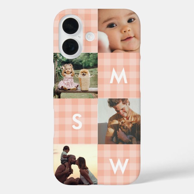 Moderne Fotocollage-Monogramm Rosa Gingham iPhone 16 Hülle (Rückseite)