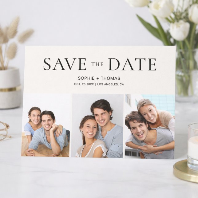 Moderne Fotocollage Neutral Beige Save the Date (Modern Photo Collage Neutral Beige Save the Date)