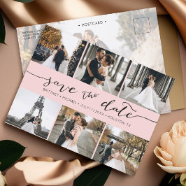 Moderne FotoCollage Save the Date rot pink Ankündigungspostkarte