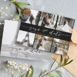 Moderne FotoCollage Save the Date Schwarz<br><div class="desc">Wählen Sie die besten Bilder aus Ihrem Verlobung-Shooting oder Ihre Lieblingsfotos von Ihnen beiden für dieses perfekte Save the Date. Save the Date sind die Wörter handgeschrieben, um der Karte ein persönliches Gefühl zu geben. Die Vorderseite hat 6 Bilder und die Rückseite hat ein großes Bild mit einem weißen Filter...</div>