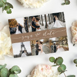 Moderne FotoCollage Save the Date Tan<br><div class="desc">Wählen Sie die besten Bilder aus Ihrem Verlobung-Shooting oder Ihre Lieblingsfotos von Ihnen beiden für dieses perfekte Save the Date. Save the Date sind die Wörter handgeschrieben, um der Karte ein persönliches Gefühl zu geben. Die Vorderseite hat 6 Bilder und die Rückseite hat ein großes Bild mit einem weißen Filter...</div>