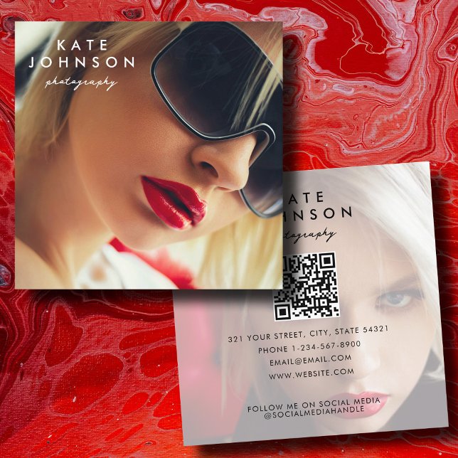 Moderne Fotografie Full Foto QR Code Social Media Quadratische Visitenkarte (Modern Photography Full Photo QR Code Social Media Square Business Card)