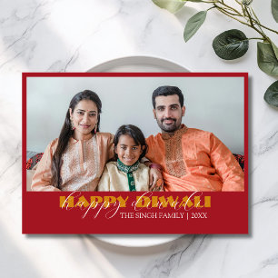 Moderne Fotogrußkarte zum Diwali in Karmesinrot Feiertagskarte