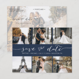 Moderne Fotomaterial Save the Date Navy Blue Ankündigungspostkarte