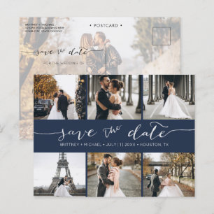 Moderne Fotomaterial Save the Date Navy Blue Ankündigungspostkarte
