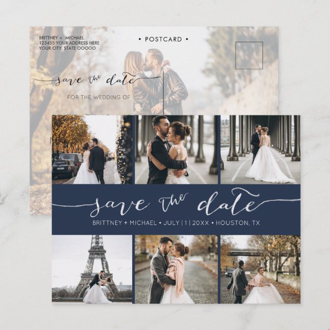 Moderne Fotomaterial Save the Date Navy Blue Ankündigungspostkarte (Vorne/Hinten)