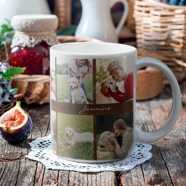 Moderne Fotos sammeln Hund rustikales Holz Kaffeetasse (Celebrate your furbaby with this photo collage mug.)