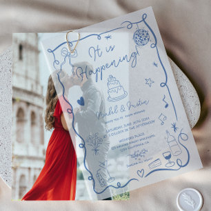 Moderne Französisch Blue Quirky Scribble Retro Wed