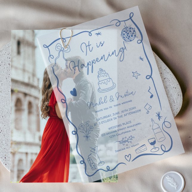 Moderne Französisch Blue Quirky Scribble Retro Wed (Modern French Blue Quirky Scribble Retro Wedding Vellum Invitations)