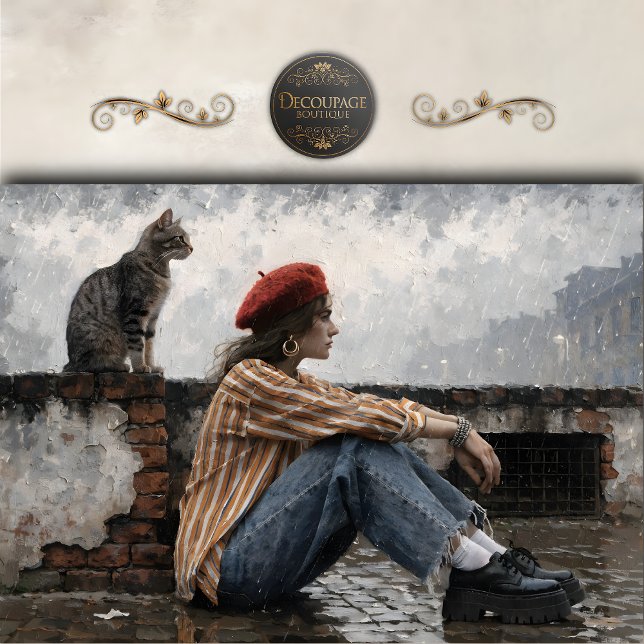 Moderne Frau mit Barett und Decoupage Katze Seidenpapier (Modern Woman in Beret with Cat Decoupage Tissue Paper)